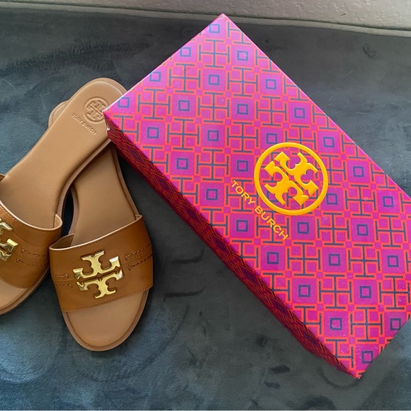 Tory Burch Brown Sandals with Gold Logo Everly Slide # 60245 - Picture 8 of 9